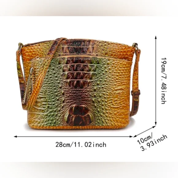 Elegant Crocodile Embossed Shoulder Bag - Green and Brown - Picture 5 of 5